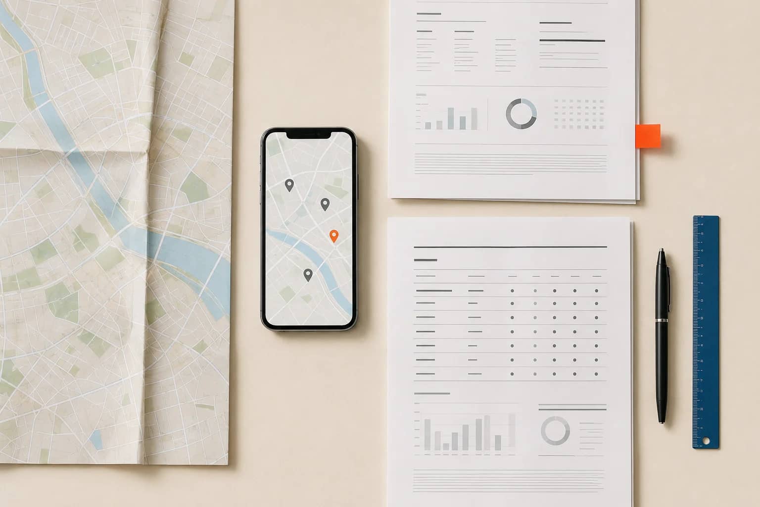 A city map, location records, and a phone arranged for an evaluation