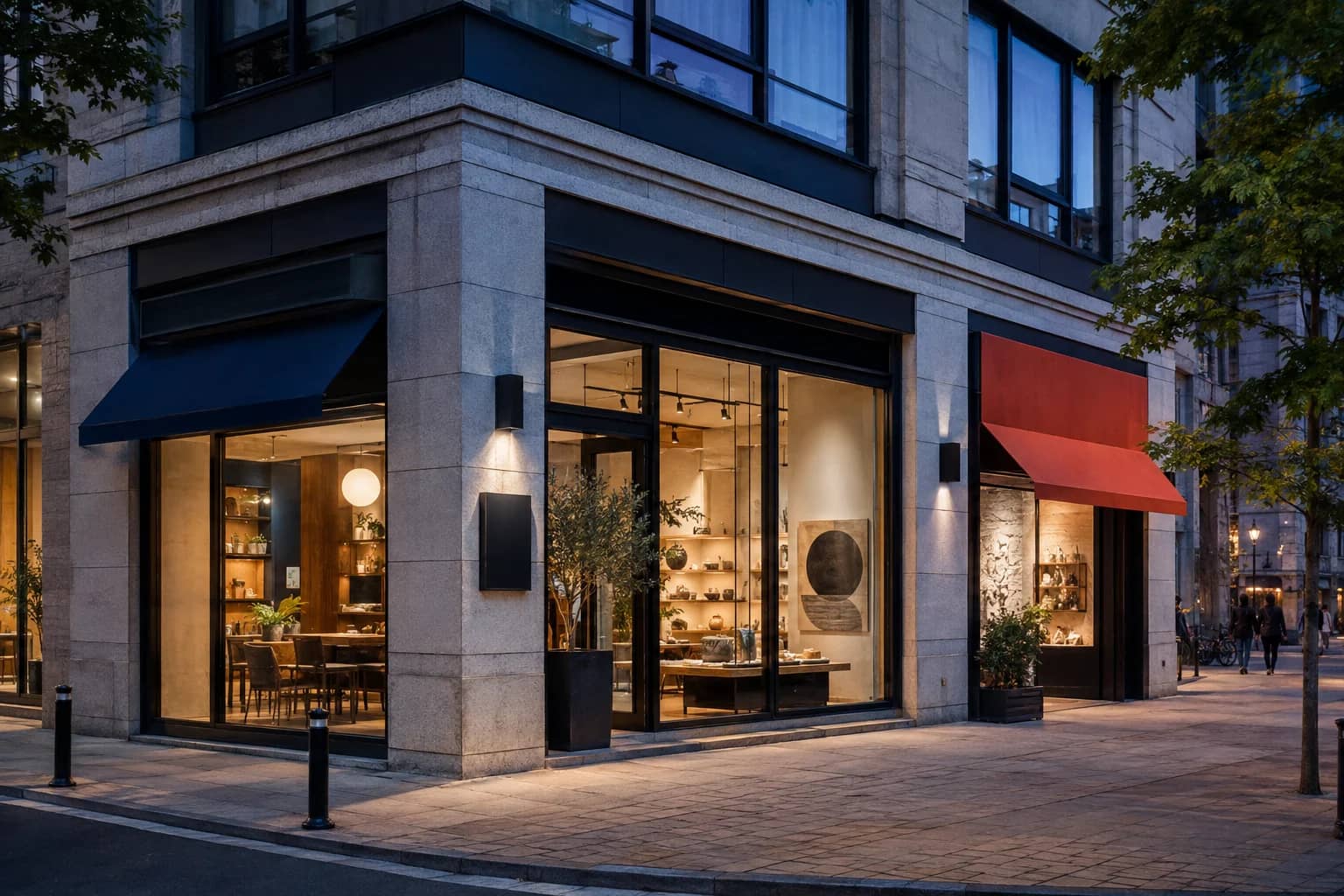 Three contemporary storefronts illuminated at blue hour