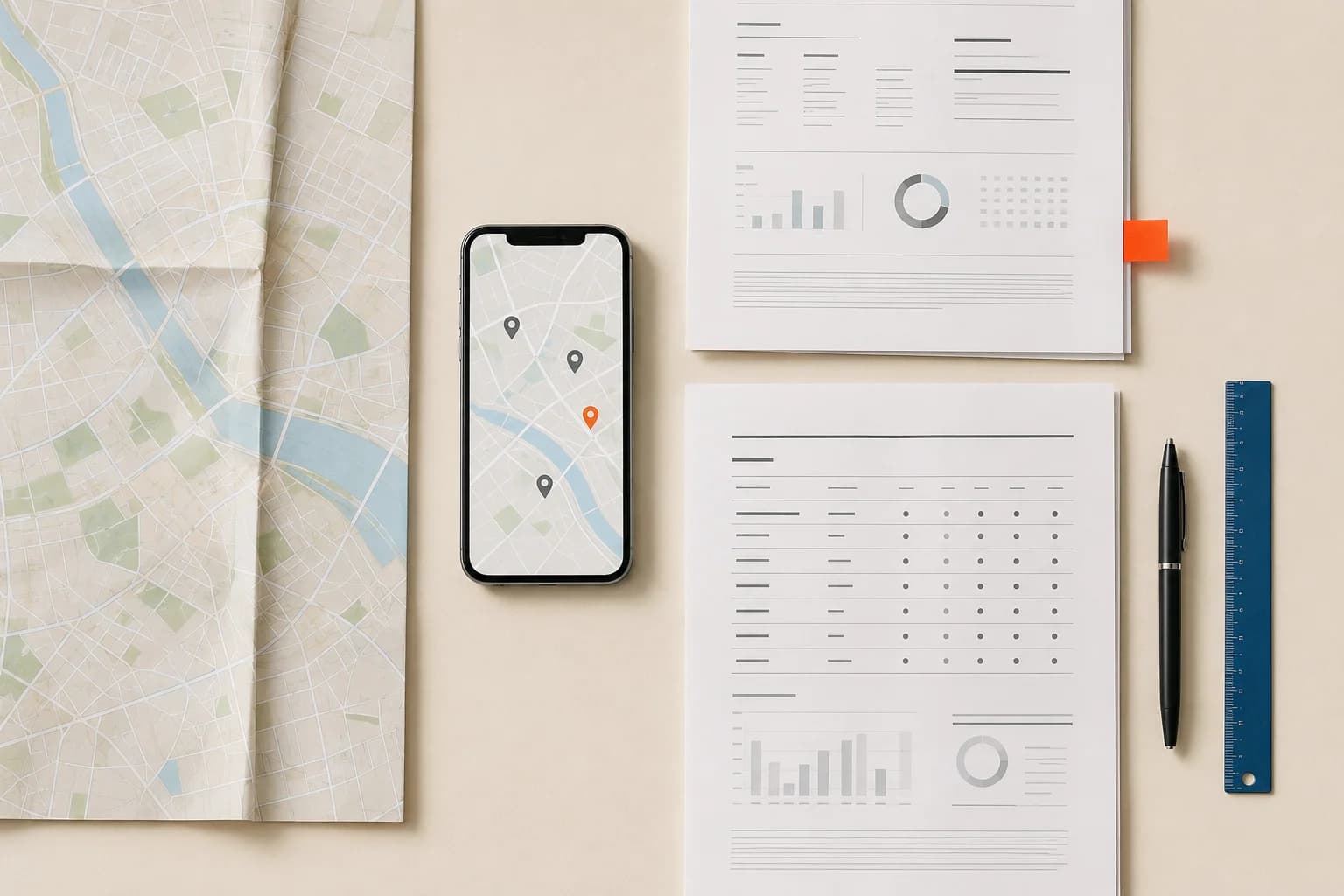 A city map, location records, and a phone arranged for an evaluation