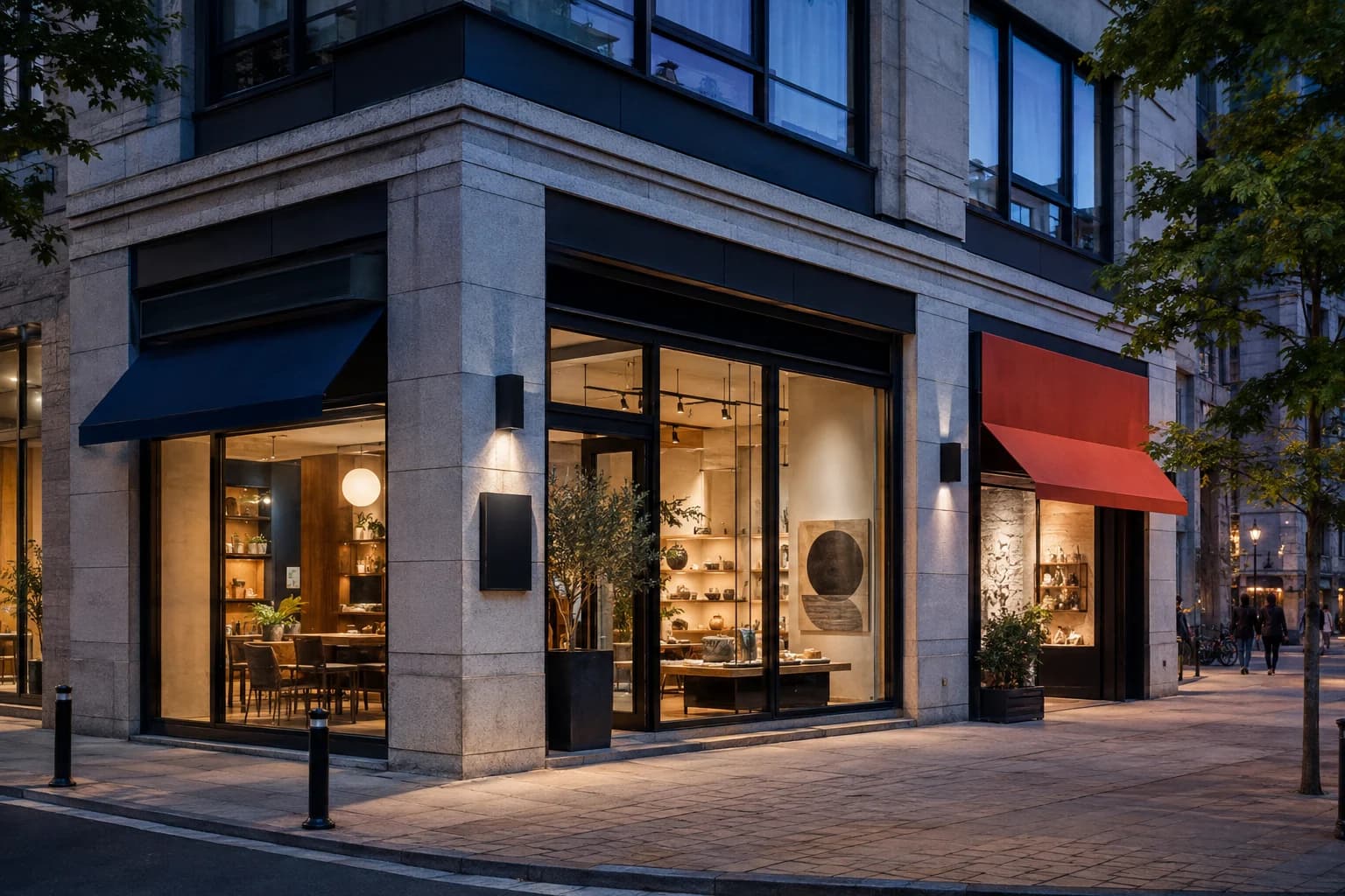 Three contemporary storefronts illuminated at blue hour