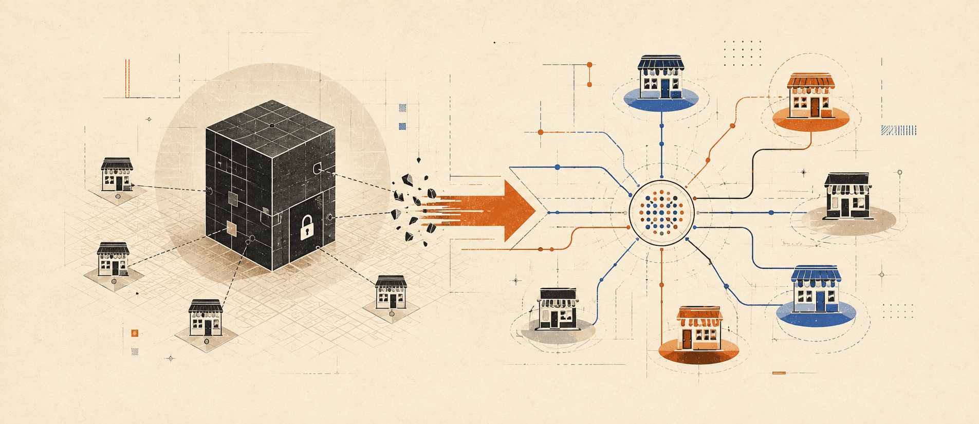 A rigid listings system opening into multiple connected alternatives for multi-location brands