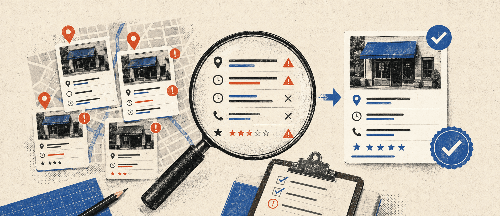 A magnifying glass identifying duplicate profiles and conflicting listing details before verification