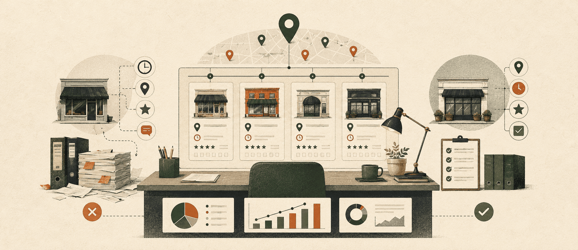 A managed listings operations desk coordinating accurate location records and service workflows