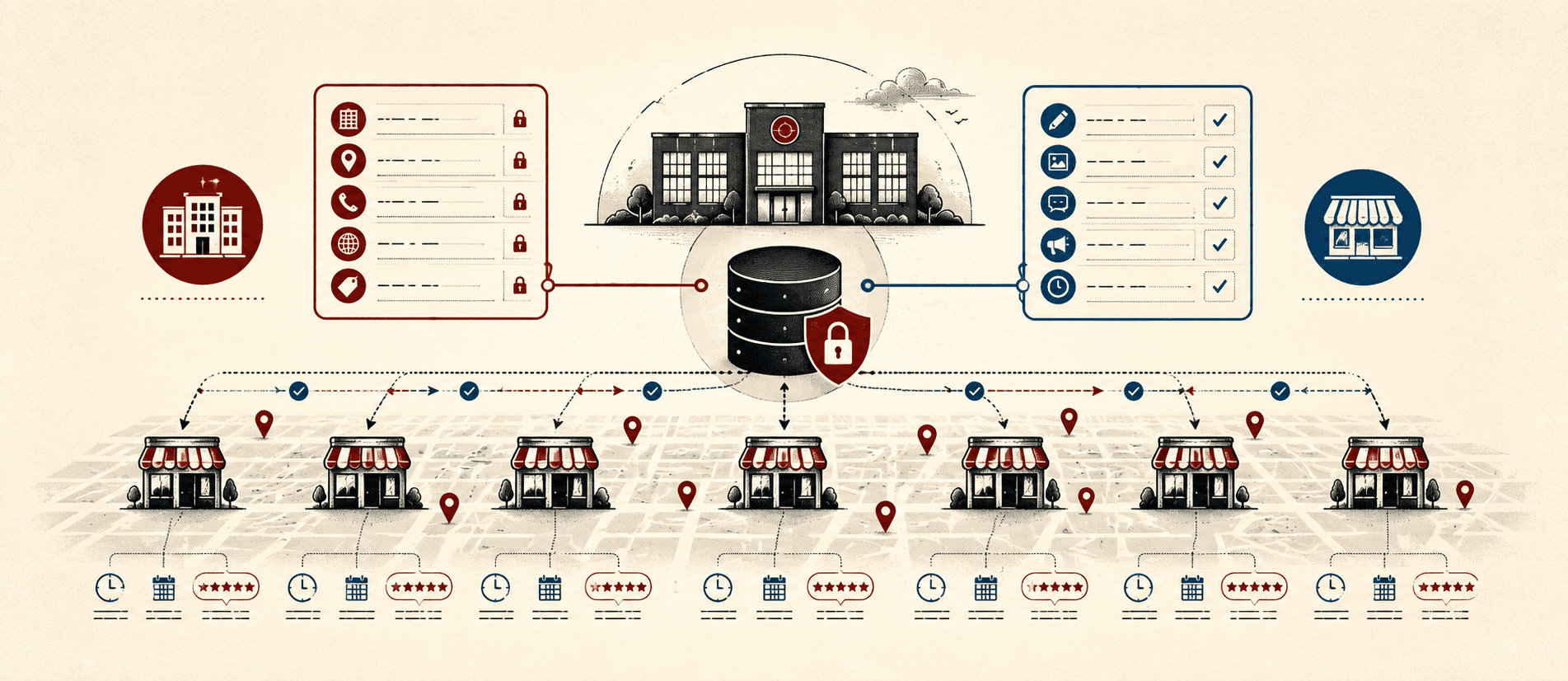 A franchisor governance system synchronizing approved data across a network of franchise locations