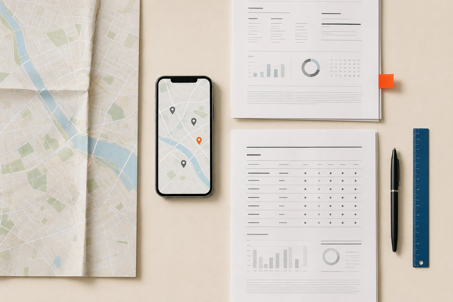 A city map, location records, and a phone arranged for a listings audit