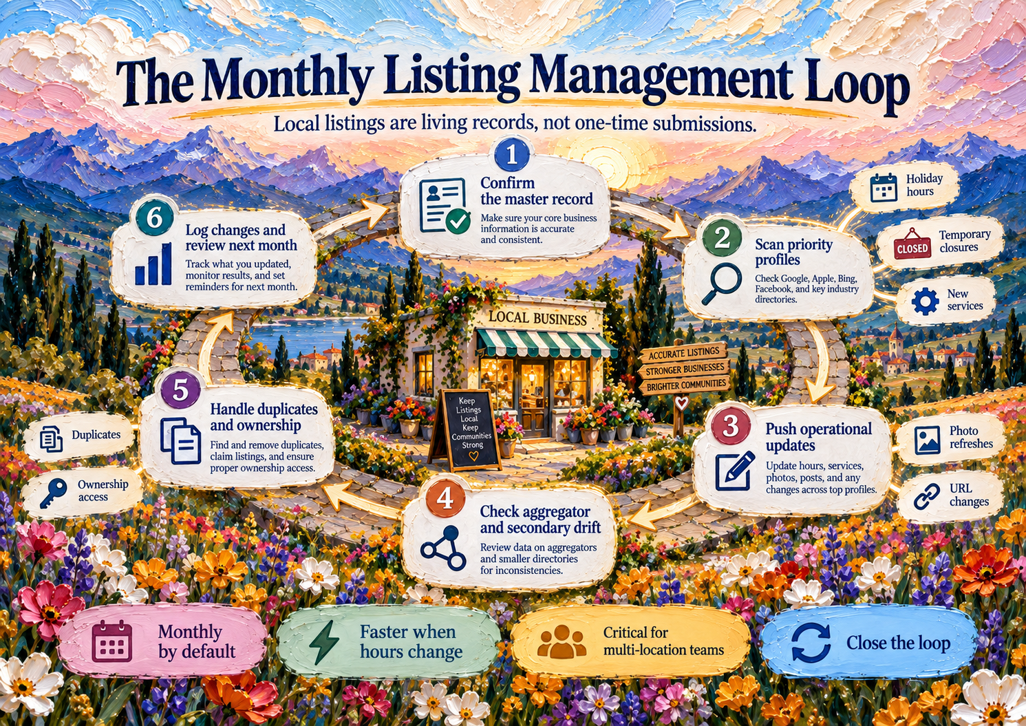 What does a monthly local listing management workflow look like? illustration